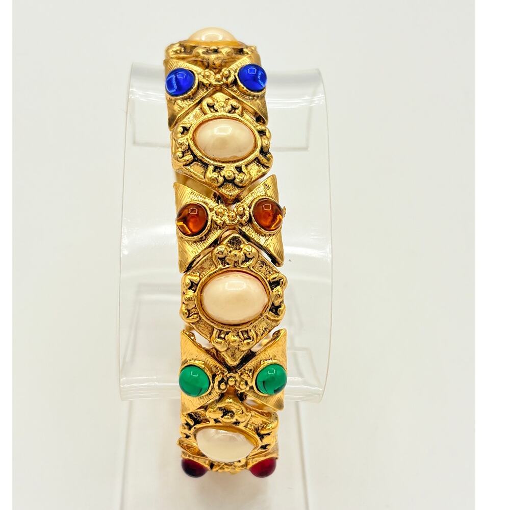 Vintage Renaissance‑Revival Bracelet with Jewel Tones and Faux Pearl Cabochons